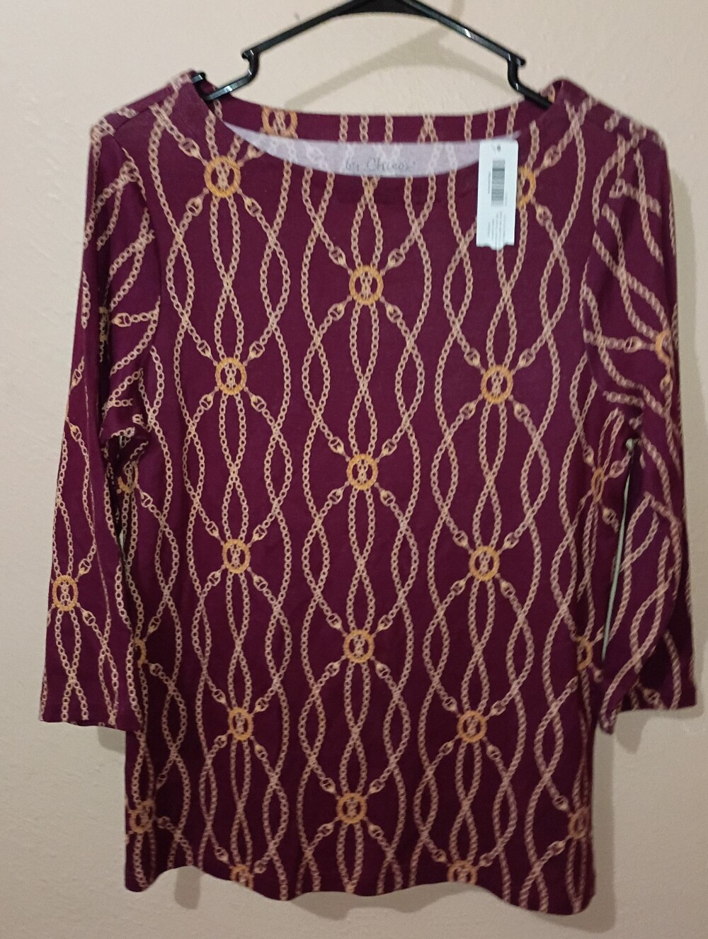 Chico's Burgundy and Gold Chain-Print Long Sleeve Top